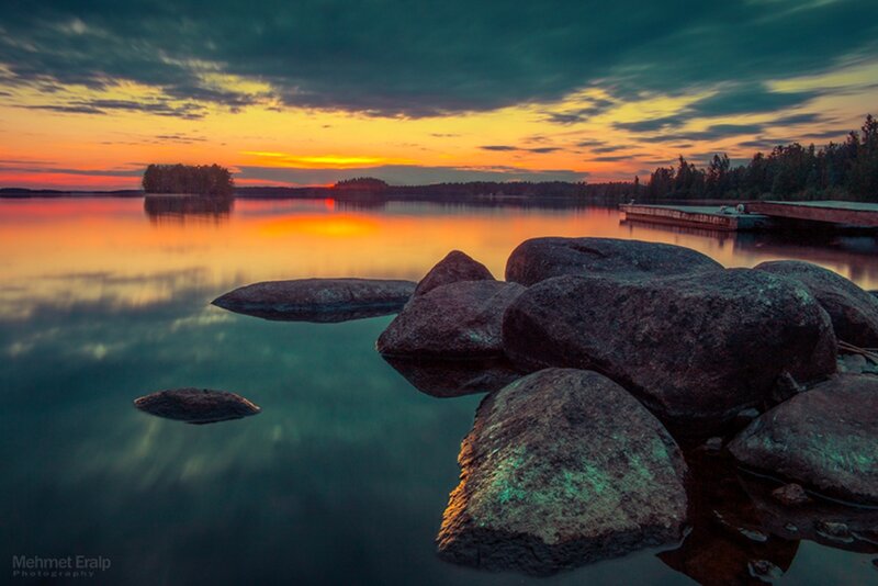 Rocks in Lake at Sunset — Orange