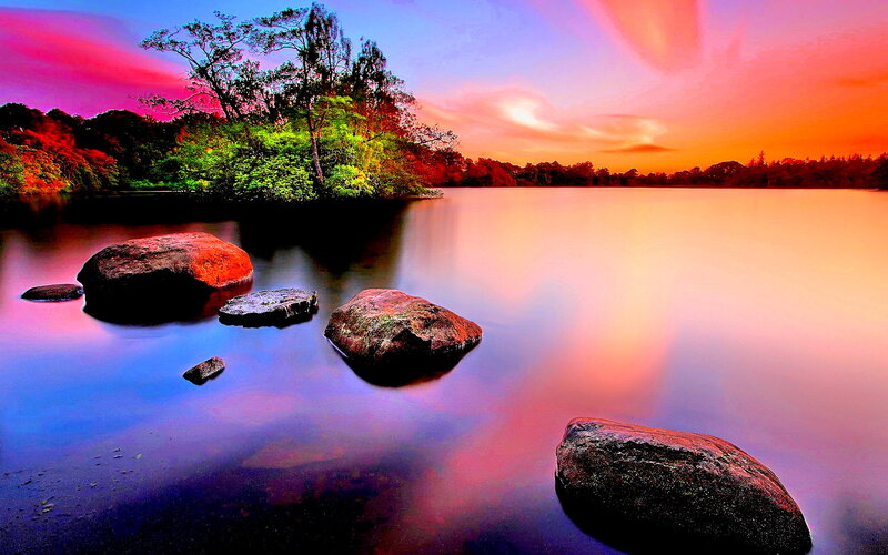 Rocks in Lake at Sunset — Purple