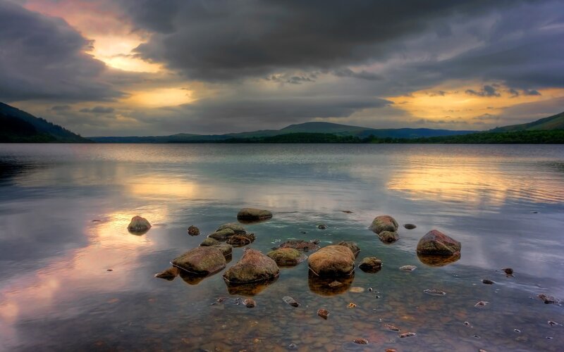 Rocks in Lake Water — Blue, Dramatic, Sunset