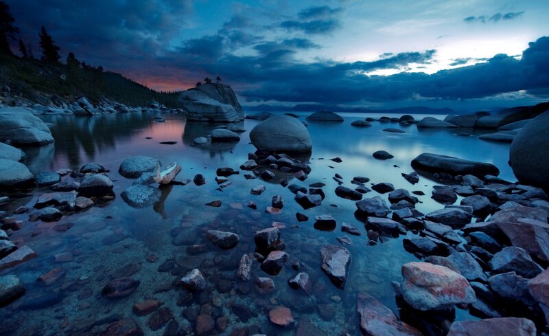 Rocks in Lake Water — Blue, Serene, Sunset