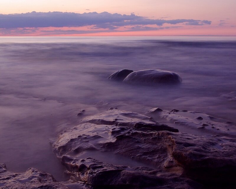 Rocks in Ocean at Dusk — Purple, Serene, Sunset