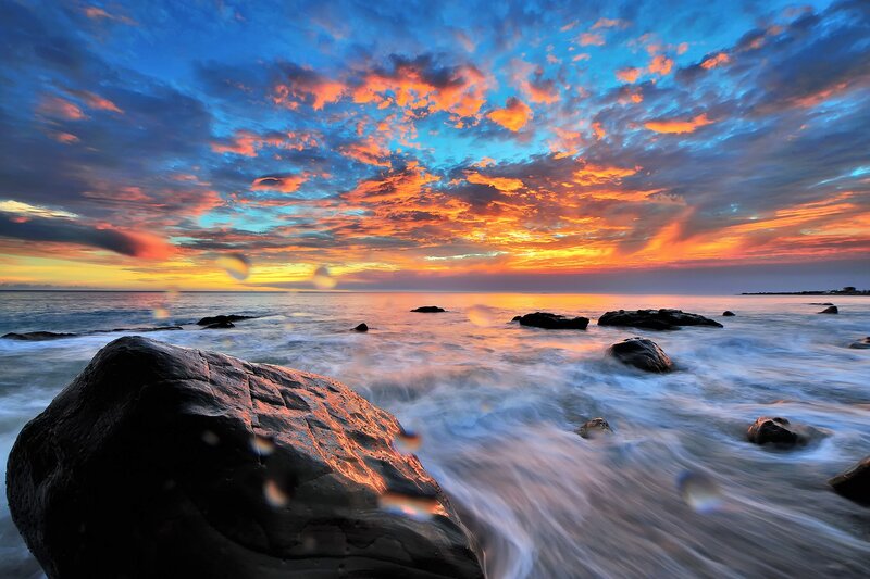 Rocks in Ocean at Sunset — Blue, Dramatic, Photograph, Sky, Clouds, Orange