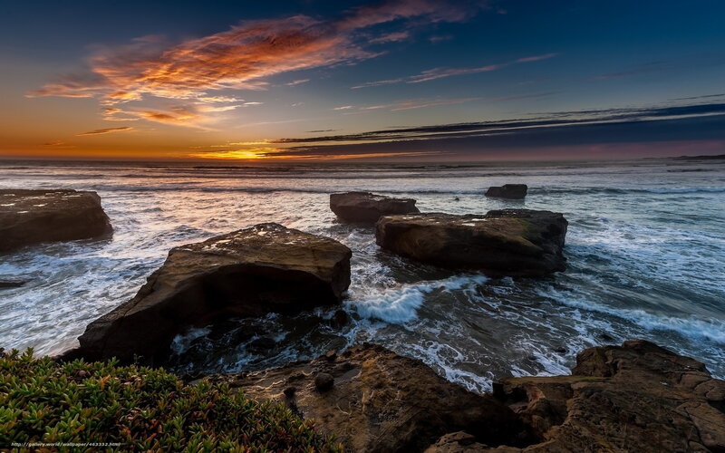 Rocks in Ocean at Sunset — Blue, Dramatic, Photograph, Sky, Clouds