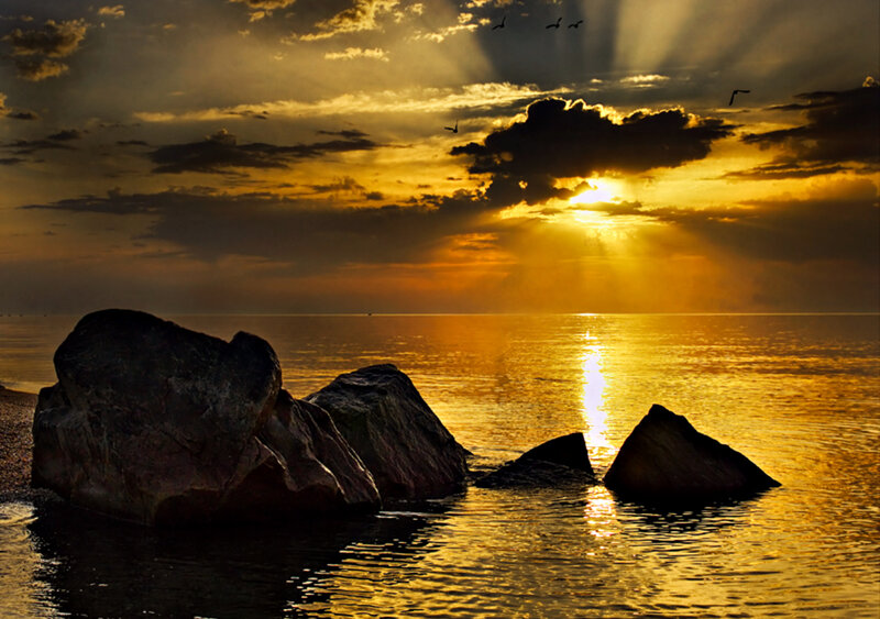 Rocks in Ocean at Sunset — Gold