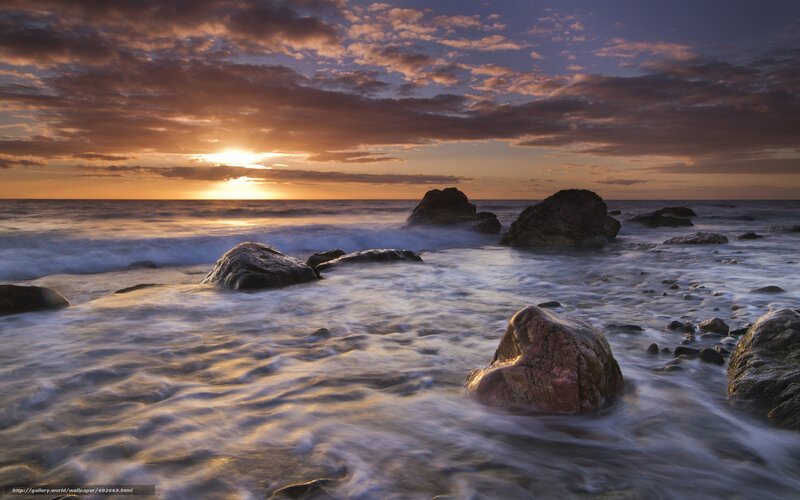 Rocks in Ocean at Sunset — Orange, Dramatic, Photograph, Sky, Clouds