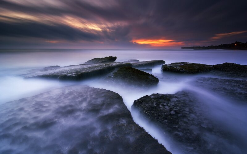Rocks in Ocean at Sunset — Purple, Dramatic, Photograph, Sky, Clouds