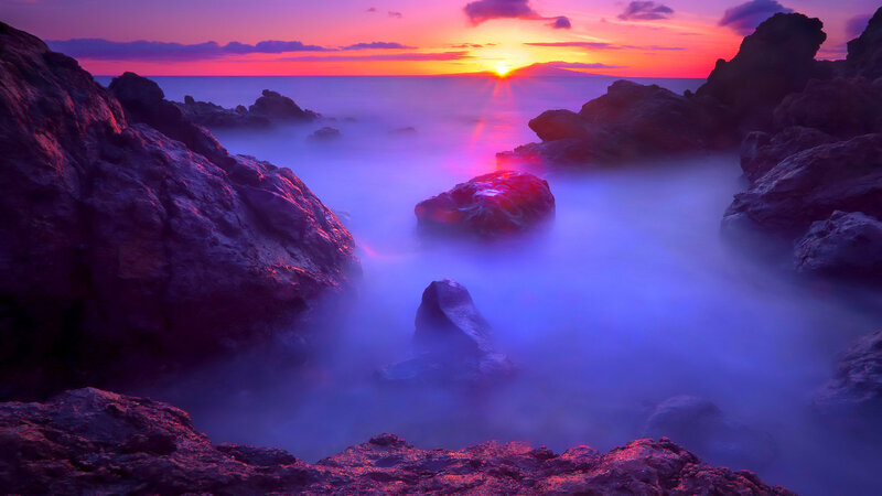 Rocks in Ocean at Sunset — Purple, Dramatic, Photograph, Sky