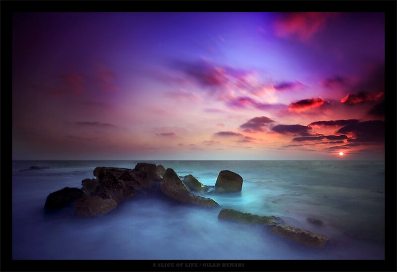 Rocks in Ocean at Sunset — Purple, Dramatic, Photograph