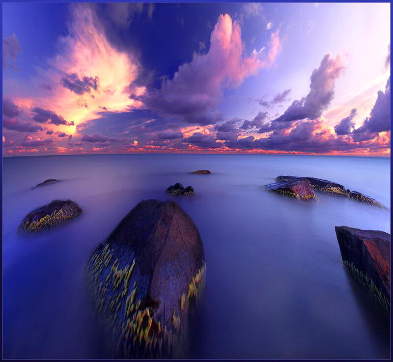 Rocks in Ocean at Sunset — Purple, Dramatic