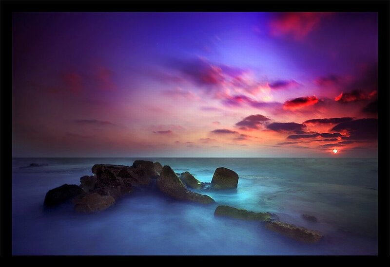Rocks in Ocean at Sunset — Purple