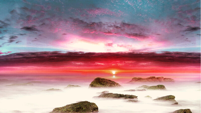 Rocks in Ocean at Sunset — Red