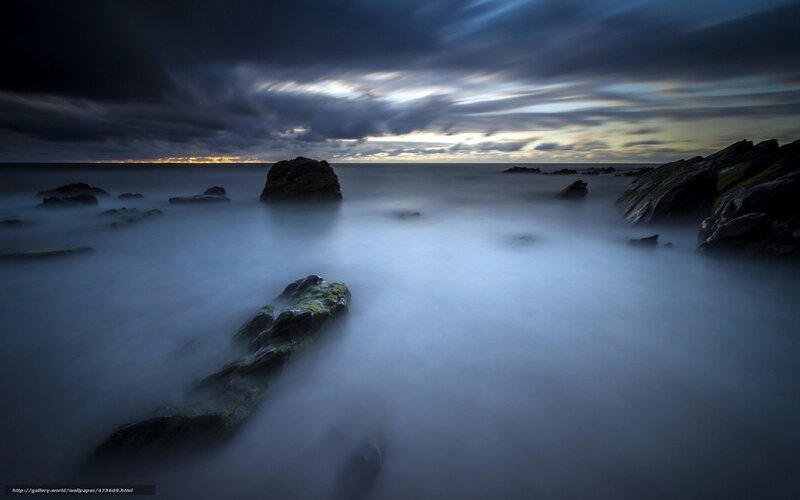 Rocks in Ocean Water — Blue, Dramatic, Sunset, Photograph