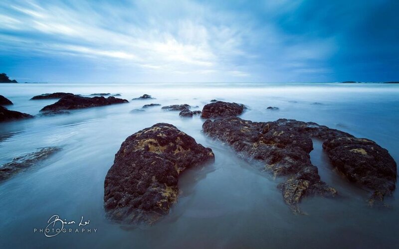 Rocks in Ocean Water — Blue, Serene, Night
