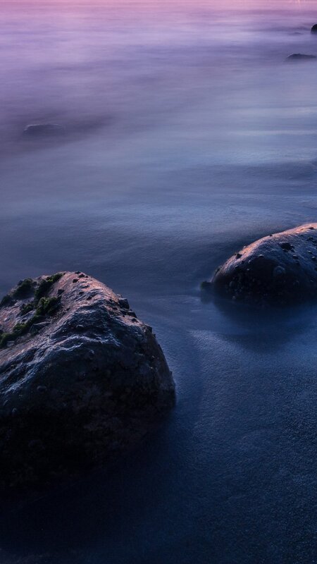 Rocks in Ocean Water — Purple, Serene, Sunset, Photograph, Sand