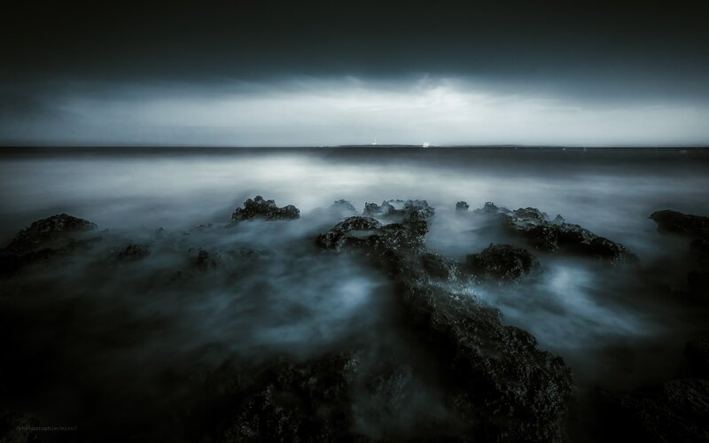 Rocks in Ocean Waves — Blue, Dramatic, Night