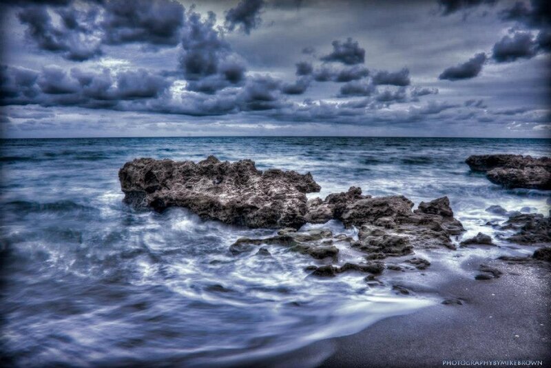 Rocks in Ocean Waves — Blue, Dramatic, Photograph, Clouds