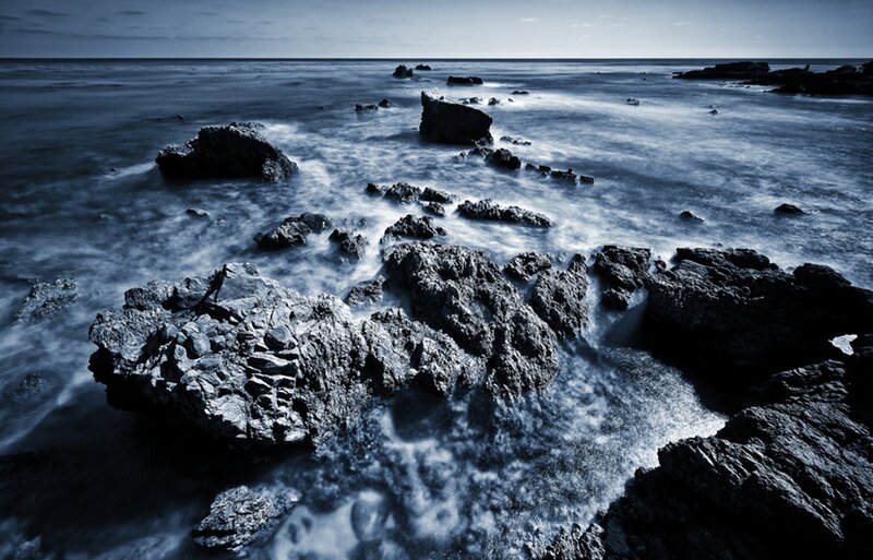 Rocks in Ocean Waves — Blue, Dramatic, Photograph