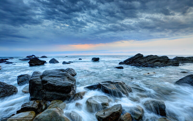 Rocks in Ocean Waves — Blue, Dramatic, Sunset, Photograph, Sky, Clouds