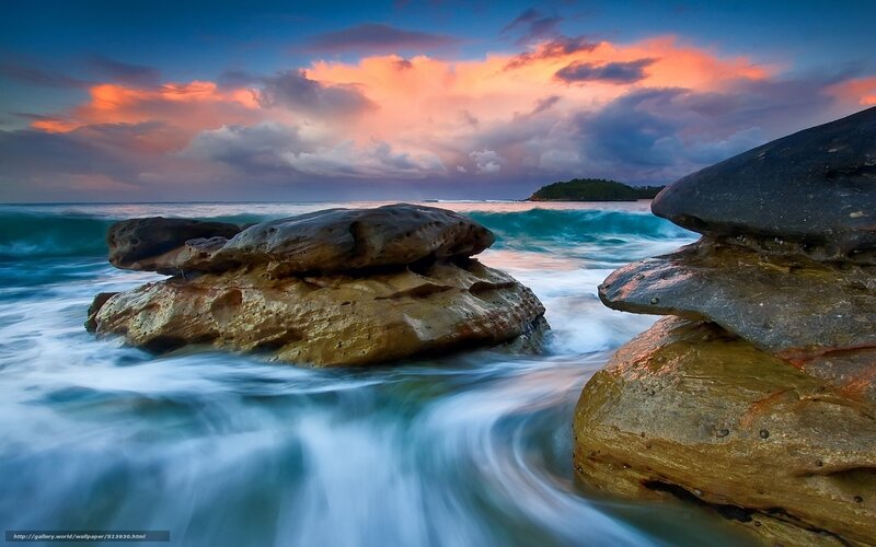 Rocks in Ocean Waves — Blue, Dramatic, Sunset, Photograph, Sky