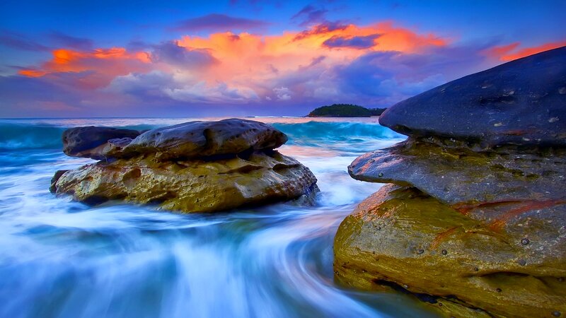 Rocks in Ocean Waves — Blue, Dramatic, Sunset, Photograph