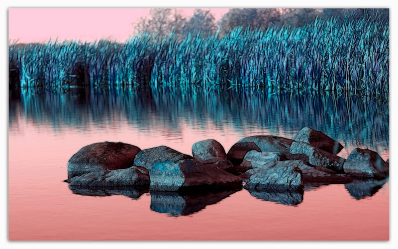 rocks in pink water at dusk