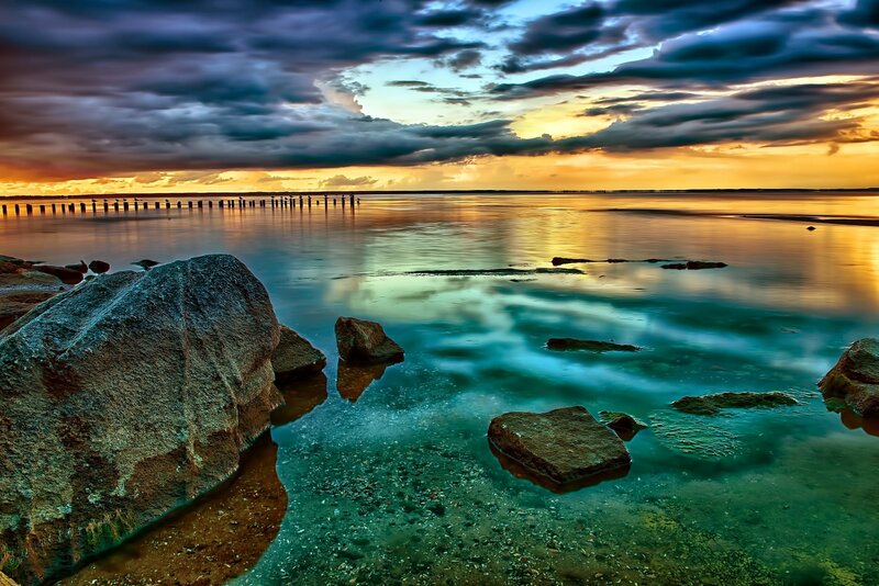 Rocks in Shallow Water — Blue, Dramatic, Sunset, Photograph, Clouds