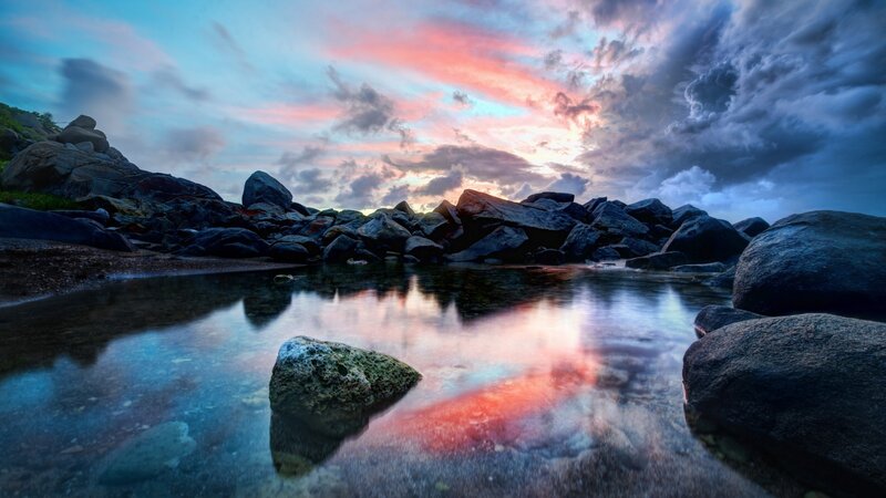 Rocks in Shallow Water — Blue, Dramatic, Sunset, Photograph, Sky, Clouds