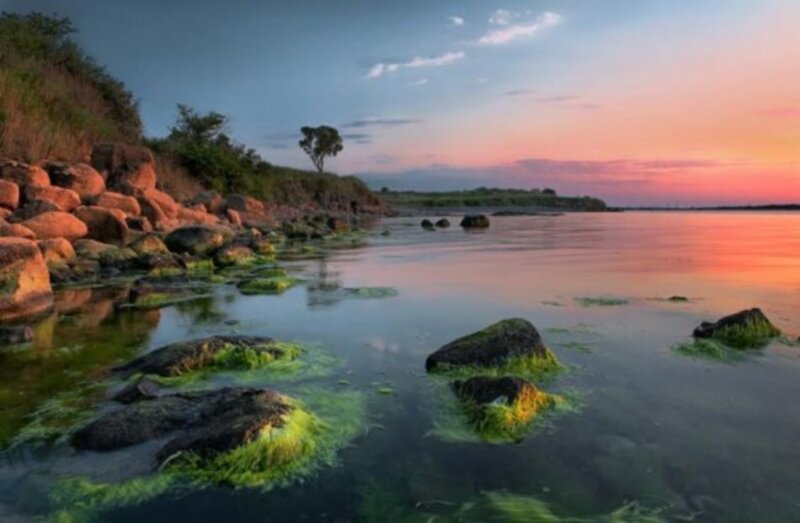 Rocks in Shallow Water — Blue, Serene, Sunset, Photograph, Sky