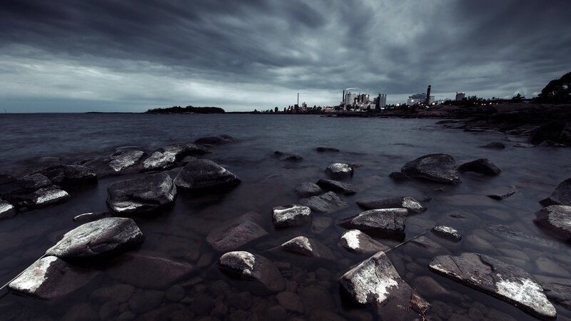 Rocks in Shallow Water — Gray, Dramatic, Night, Photograph