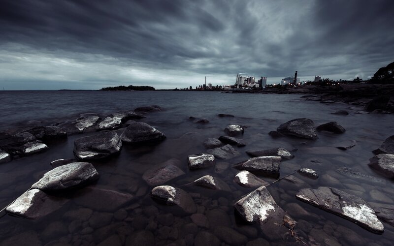Rocks in Shallow Water — Gray, Dramatic, Night