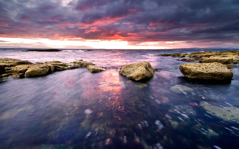 Rocks in Shallow Water — Purple, Dramatic, Sunset
