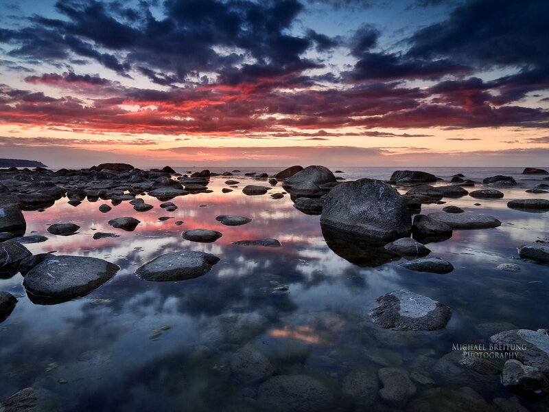 Rocks in Shallow Water — Red, Dramatic, Sunset