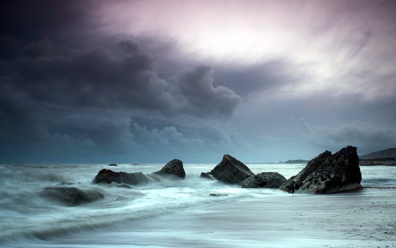 Rocks in Stormy Sea — Gray, Dramatic