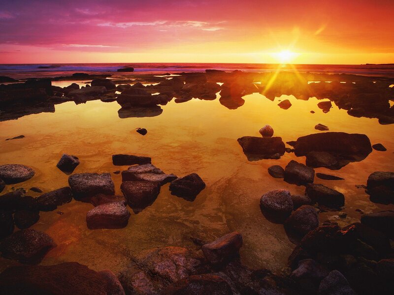 Rocks in Tidal Pool — Orange, Dramatic, Sunset
