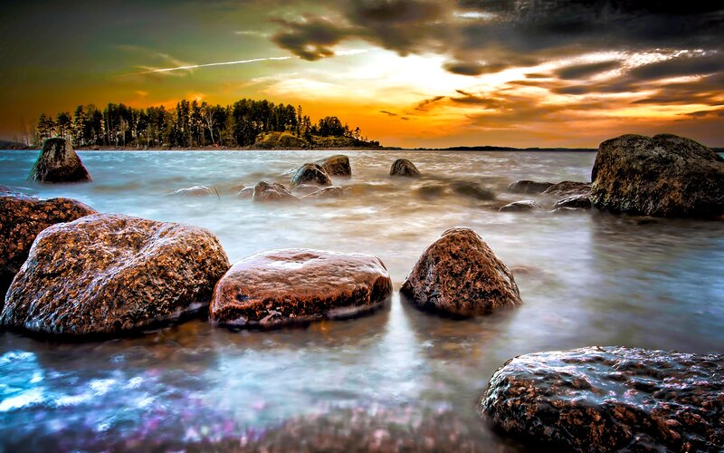 Rocks in Water at Sunset — Orange, Dramatic
