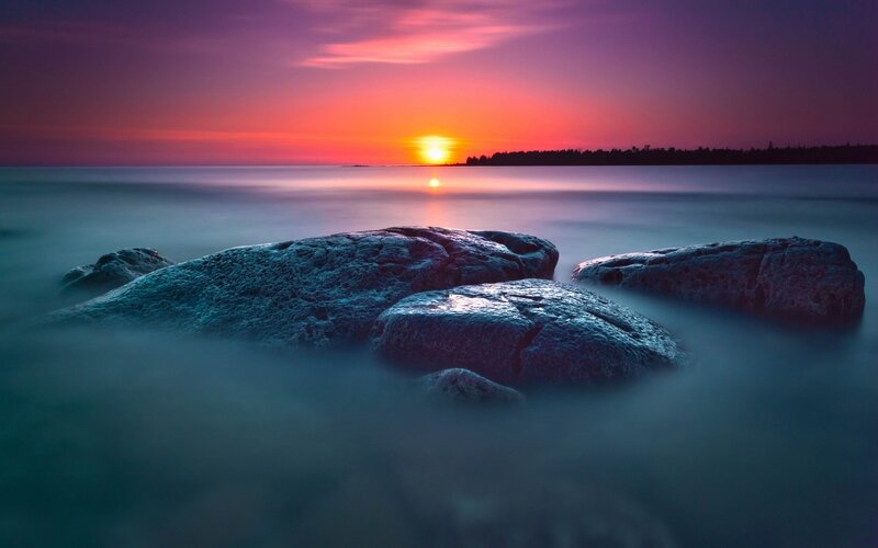 Rocks in Water at Sunset — Purple, Serene