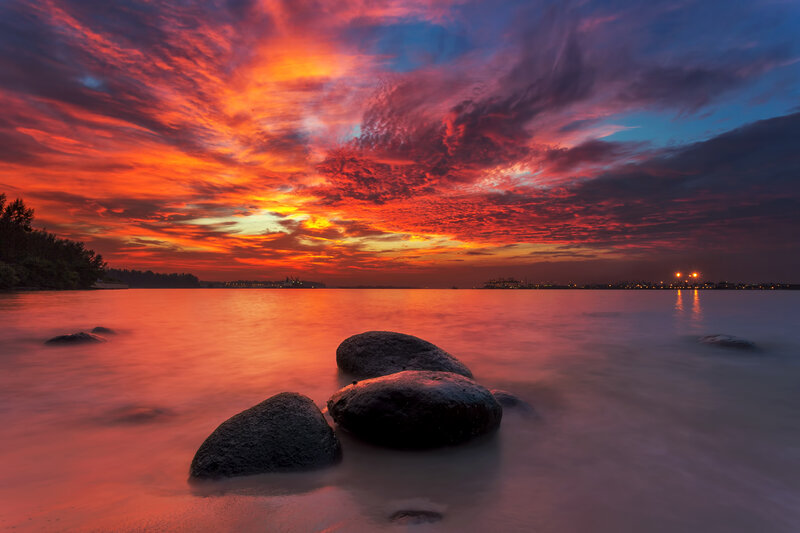 Rocks in Water at Sunset — Red, Dramatic