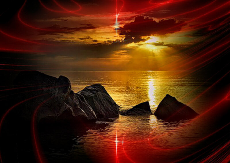 Rocks in Water at Sunset — Red