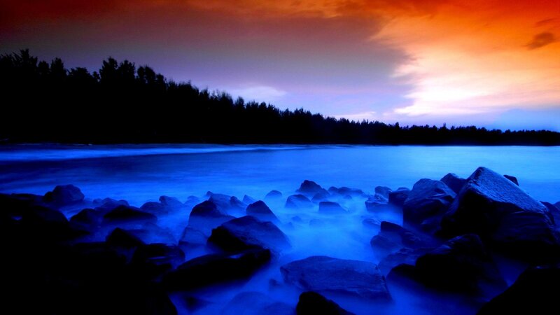 Rocks on a Beach — Blue, Dramatic, Sunset, Photograph