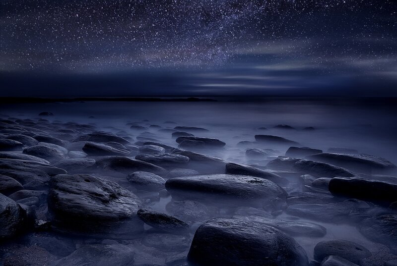 Rocks on a Beach — Blue, Serene, Night