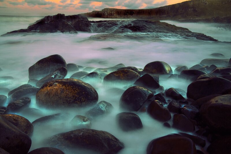 Rocks on a Beach — Blue, Serene, Sunset, Photograph, Ocean, Sky