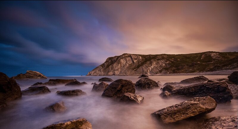 Rocks on Beach at Dusk — Blue, Dramatic