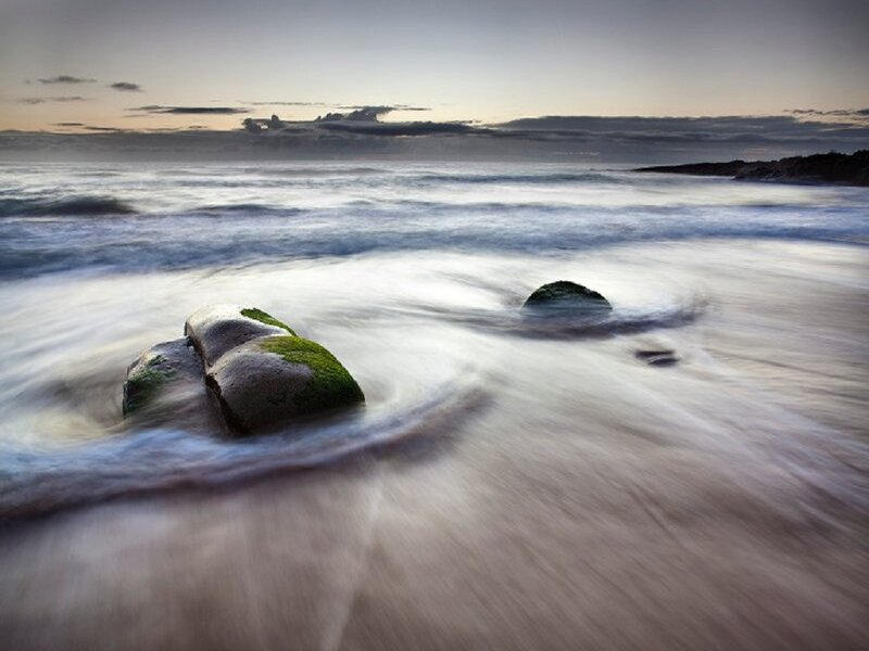 Rocks on Beach at Dusk — Blue, Serene, Photograph