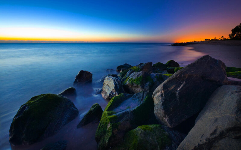 Rocks on Beach at Dusk — Blue, Serene, Sunset, Photograph, Ocean, Sky, Sand