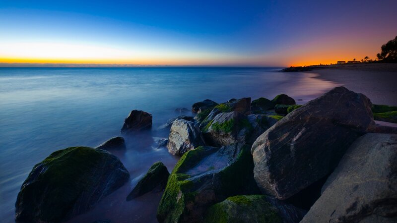 Rocks on Beach at Dusk — Blue, Serene, Sunset, Photograph, Ocean, Sky