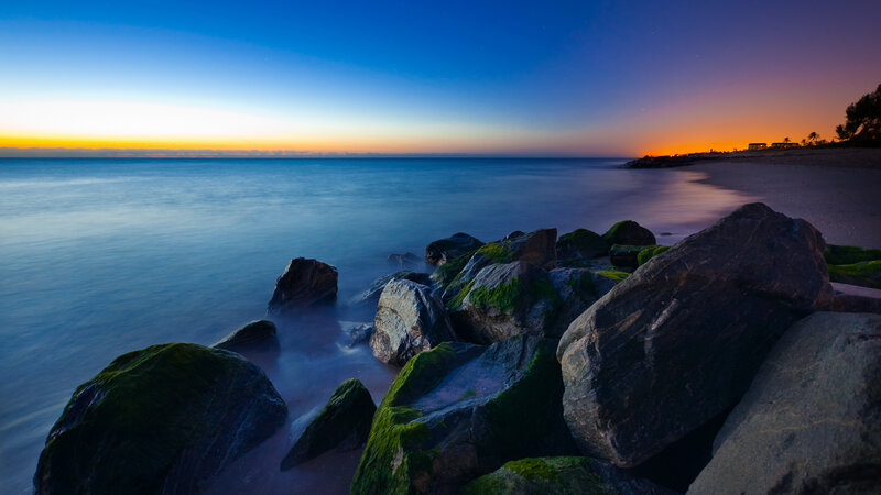 Rocks on Beach at Dusk — Blue, Serene, Sunset, Photograph