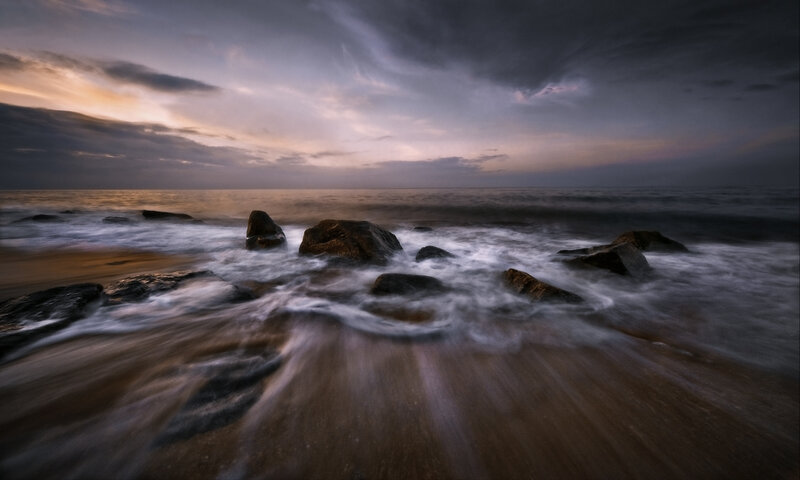 Rocks on Beach at Dusk — Gray