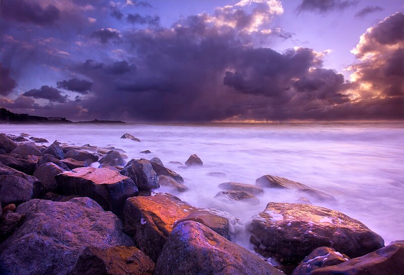 Rocks on Beach at Dusk — Purple, Dramatic