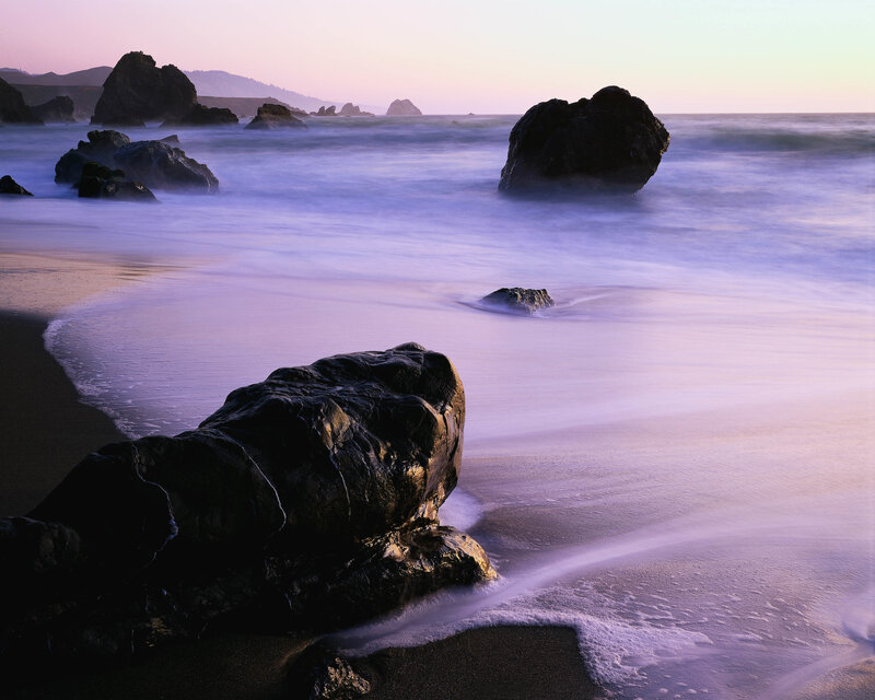 Rocks on Beach at Dusk — Purple, Serene, Sunset, Photograph, Ocean