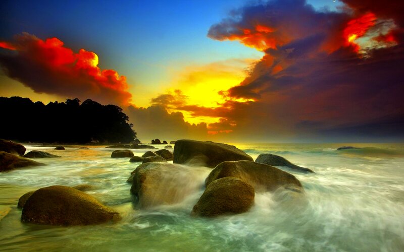 Rocks on Beach at Sunset — Blue, Dramatic, Photograph, Clouds